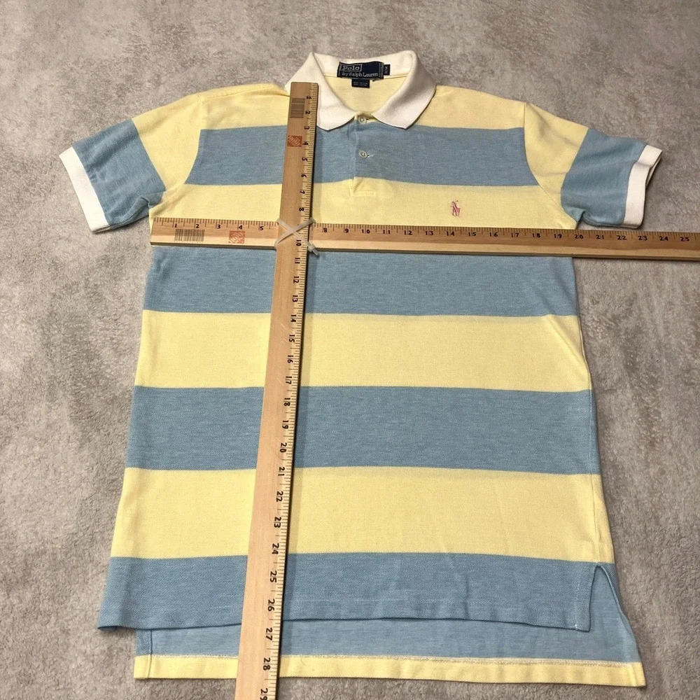Vintage 80s Polo Ralph Lauren Pique Polo Shirt Yellow Blue Striped Mens Medium